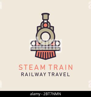 Flat image of retro steam train. Locomotive logo. Railway vector image Stock Vector
