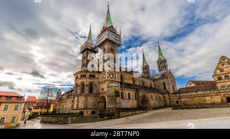 View on Bamberg cathedral (Bamberger Tom) with Domplatz. The cathedral was inaugurated in 1237. Stock Photo