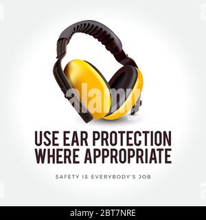 Warning sign - Use ear protection where appropriate. Safety yellow earphones. Stock Vector