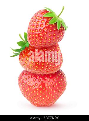 Isolated berries. Three strawberry fruits on top of each other isolated on white background Stock Photo