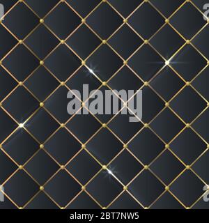 elegant seamless black leather texture with gold metal details. Vector background Stock Vector