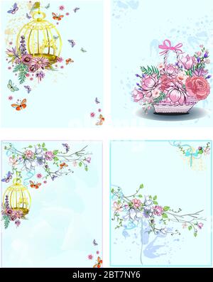 Set with four post card of bird cage hanging from branch and spring flower on a basket on blue watercolor background Stock Vector