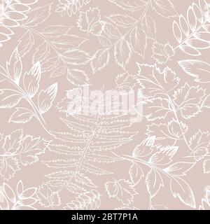 Floral pattern with leaves outline branches on beige. Background with foliage, petals for wrapping paper, textile, card, web. Vector illustration Stock Vector