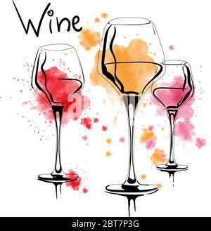 A set of vector and watercolor drawings of glass of rose, red, and white wine with splashes of paint, on white background Stock Vector