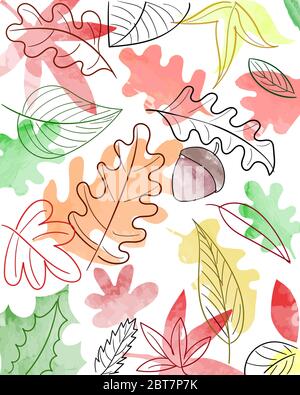 Watercolor autumn nature pattern texture with red, yellow and green tree leaves on white background. Vector season wallpaper Stock Vector