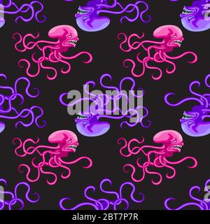 seamless octopus monster pattern pink and purple on black background. Vector image Stock Vector