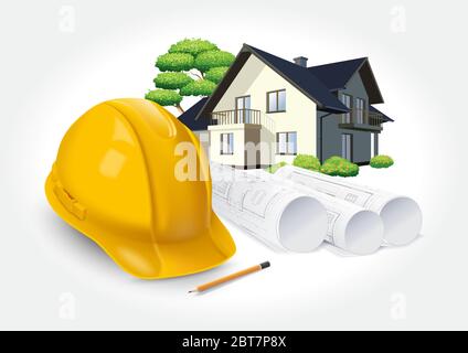 Construction plans and yellow helmet on the background of a dream house. Stock Vector