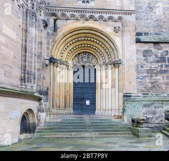 View on the so-called Gnadenpforte (also called Marienpforte). Gate leading into the eastern towers of the Bamberger Dom (cathedral). Square format. Stock Photo