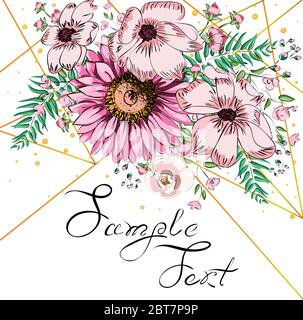 Wedding invite, invitation card design with pink field flowers, green leaves, cute golden geometrical pattern Stock Vector