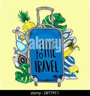 Composition with a blue suitcase and accessories travel. Holidays on the beach concept. Vector illustration. Stock Vector
