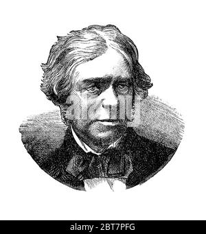 Engraving portrait of Michael Faraday (1791 - 1867), English scientist famous for his study of electromagnetism and electrochemistry and the discovery of the  laws of electrolysis. Stock Photo