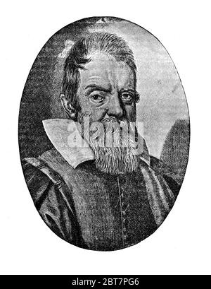 Engraving portrait of Galileo Galilei  (1564 - 1642), Italian astronomer, physicist and engineer,inventor and father of observational astronomy Stock Photo