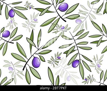 Seamless pattern olive tree twigs isolated on white. Vintage olive background Stock Vector