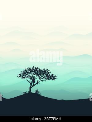 Mountain and three silhouette template landscape with mountains, sky and woods , landscape at early morning fog Stock Vector