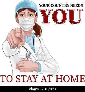 Doctor Woman Needs You Stay Home Pointing Poster Stock Vector