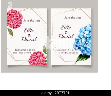 Save the date vector watercolor wedding invitation card frame with beautiful hydrangeas on white Stock Vector
