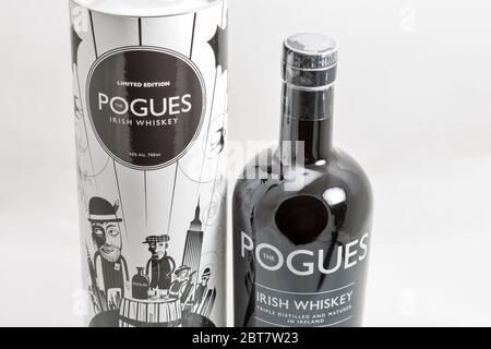 KIEV, UKRAINE - MAY 15, 2020: The Pogues limited edition blended Irish Whiskey triple distilled and matured bottle and box closeup. It is the official Stock Photo