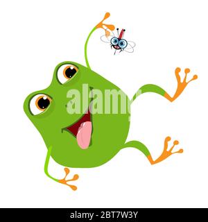 Stock Illustration Merry Cartoon Frog and Mosquito on a White Background Stock Photo