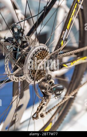 KYIV, UKRAINE - FEBRUARY 26, 2016: Bicycle wheel brake disk closeup at trade manufacturer booth during International Bicycle Exhibition VELOBIKE 2016 Stock Photo