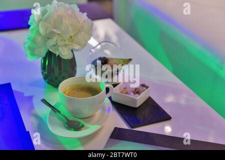 Espresso coffee cup in coffee shop closeup. Business, hotel, conference style. Stock Photo