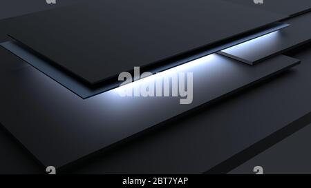 3D Illustration of stylish rectangular planes in cool dark colors with metal application lighted from below Stock Photo