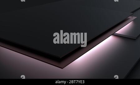 3D Illustration of stylish rectangular planes in cool dark colors with metal application lighted from below Stock Photo