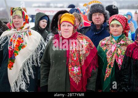 VOLOGDA, RUSSIA - FEBRUARY 28, 2020: Russian folklore singers in traditional costumes Stock Photo