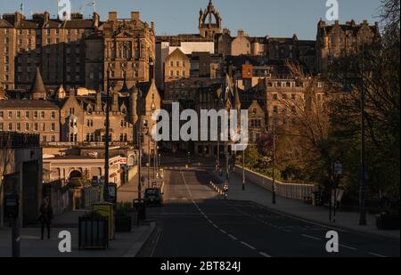 View of a deserted Old Town Edinburgh from top of Princes Street during lockdown 2020 Stock Photo