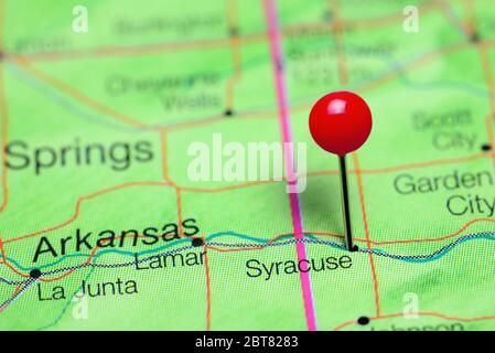 Syracuse pinned on a map of Kansas, USA Stock Photo