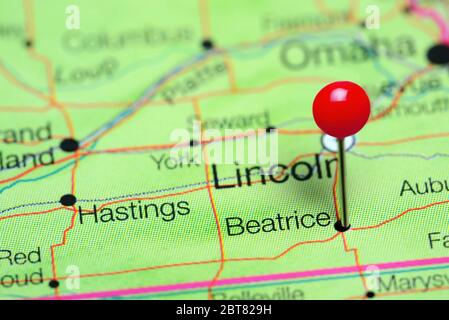 Beatrice pinned on a map of Nebraska USA Stock Photo Alamy