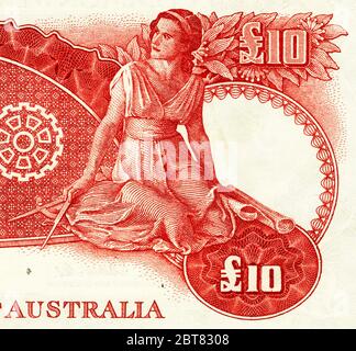 a woman with dividers and plans featured on the reverse of an Australian 10 pound bank note issued between 1954 and 1959 Stock Photo