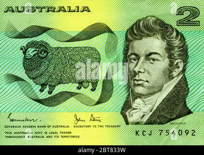 Detail of the old $2 Australian bank note featuring sheep breeder John Macarthur. Stock Photo