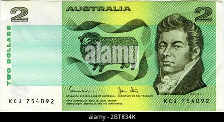 the old $2 Australian bank note featuring sheep breeder John Macarthur. Stock Photo