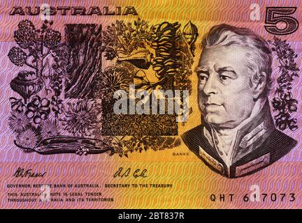 Detail of the old $5 Australian bank note featuring botanist Sir Joseph Banks Stock Photo
