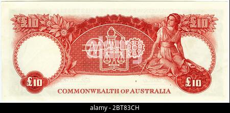 Reverse of an Australian 10 pound bank note featuring a woman with dividers and plans, issued between 1954 and 1959 Stock Photo