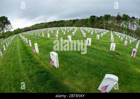 Riverhead, NY - May 23, 2020: View of Calverton National Cemetery for veterans during Memorial Day weekend amid COVID-19 pandemic in Long Island Stock Photo