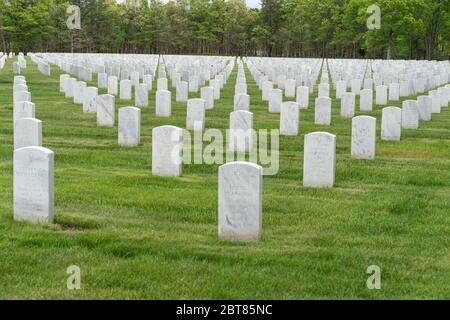 Riverhead, NY - May 23, 2020: View of Calverton National Cemetery for veterans during Memorial Day weekend amid COVID-19 pandemic in Long Island Stock Photo