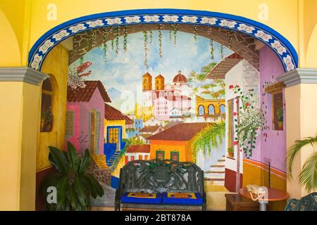 Flamboyant Hotel Lobby, La Crucecita City, Bahias de Huatulco, Oaxaca State, Pacific Coast, Mexico Stock Photo