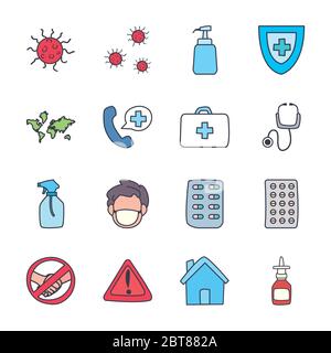 Flat style icon set design of Medical care and covid 19 virus theme Vector illustration Stock Vector