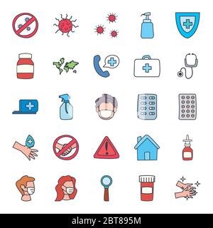 Flat style icon set design of Medical care and covid 19 virus theme Vector illustration Stock Vector