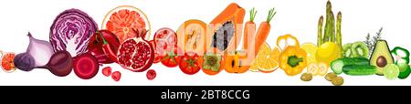 Collection of fresh colorful vegetables and fruits raw on white background Stock Vector