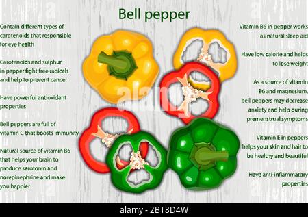 Bell pepper health benefits infographics on wooden background Stock Vector