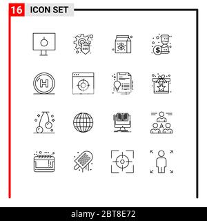 Pack of 16 Modern Outlines Signs and Symbols for Web Print Media such as health, care, gear, time, investment Editable Vector Design Elements Stock Vector