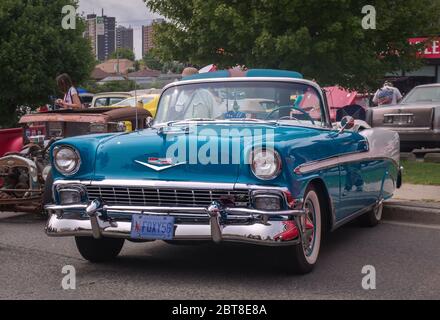 TORONTO, CANADA - 08 18 2018: Gorgeous blue 1956 Chevrolet Bel Air convertible oldtimer car on display at the open air auto show Wheels on the Stock Photo