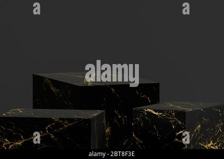 A gold vein, marble display cube template with 3 platforms to place your product and simple grey background that may easily be removed / replaced Stock Photo