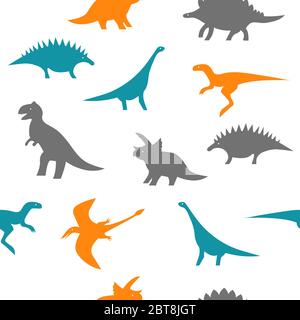 Seamless black and white dino pattern. Dinosaur silhouettes on white background for textile, print, fabric or paper wrapping Stock Vector
