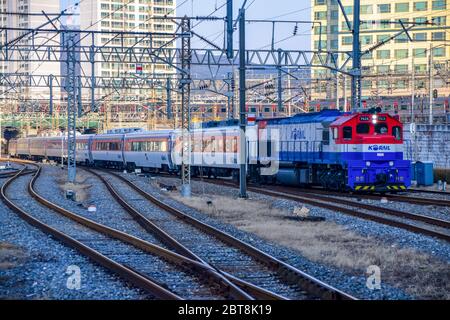 Seoul,South Korea 1/12/2020 Korail trains approaching at the Yongsan station in South Korea. Stock Photo