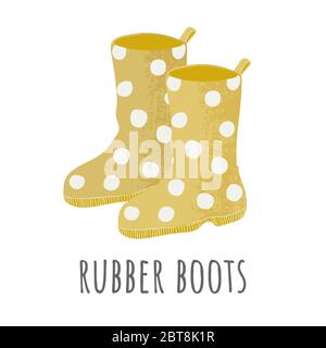 Vector icon of yellow rubber boots with white dots in flat style with texture.  Garden hand drawn design. Cartoon cute rubber boots pair sticker. Polk Stock Vector