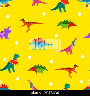 Dinosaurs in funny clothes on yellow background. Childish cartoon illustration. Template for baby wallpaper, print, fabric or textile, wrapping paper. Element of invitation for kids birthday Stock Vector