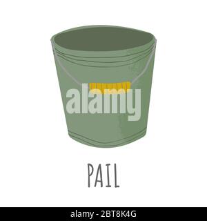 Empty green garden pail flat icon in cartoon style with texture. Household chores and gardening bucket. Vector illustration isolated on white backgrou Stock Vector